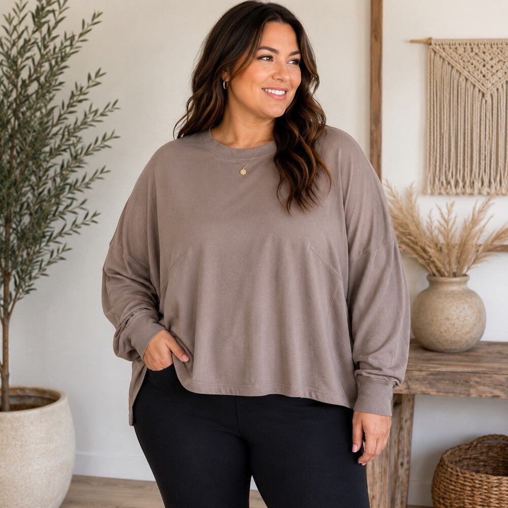 Kimberly Sz 3X Oversized Cropped Top Taupe Quiet Luxury Capsule Wardrobe Stretch